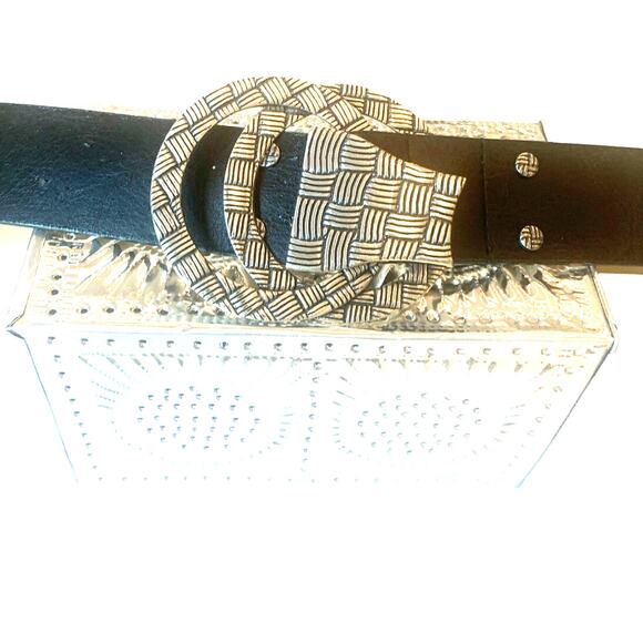 Chico's Leather Wide Belt M/L Black Double Ring Silver Buckle Adjustable Stylish - Picture 1 of 5